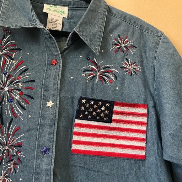Americana Flag denim shirt 1X Quacker Factory 100%cotton - Picture 2 of 9